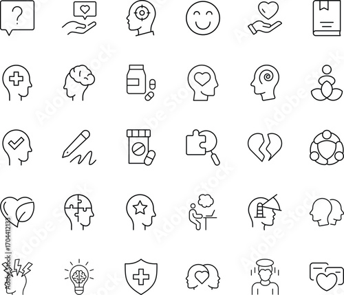 Therapy counseling psychiatry hospital clinic wellness recovery brain stress support medication mindfulness resilience compassion communication balance growth lifestyle healthcare improvement icons.