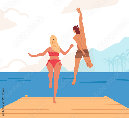 Young man and woman couple jumping into sea water from wooden pier cartoon scene background