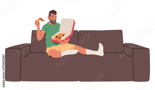 Happy smiling relaxed man eating pizza while sitting on home sofa isolated on white background