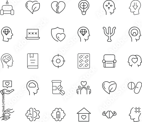 Mental health and therapy icon set in linear style. Editable stroke. Psychology psychiatry counseling brain stress recovery support wellness mindfulness balance.