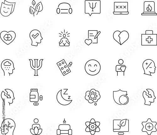 Mental health and therapy icon set in linear style. Editable stroke minimal icons. Wellness psychology psychiatry hospital clinic care recovery medication