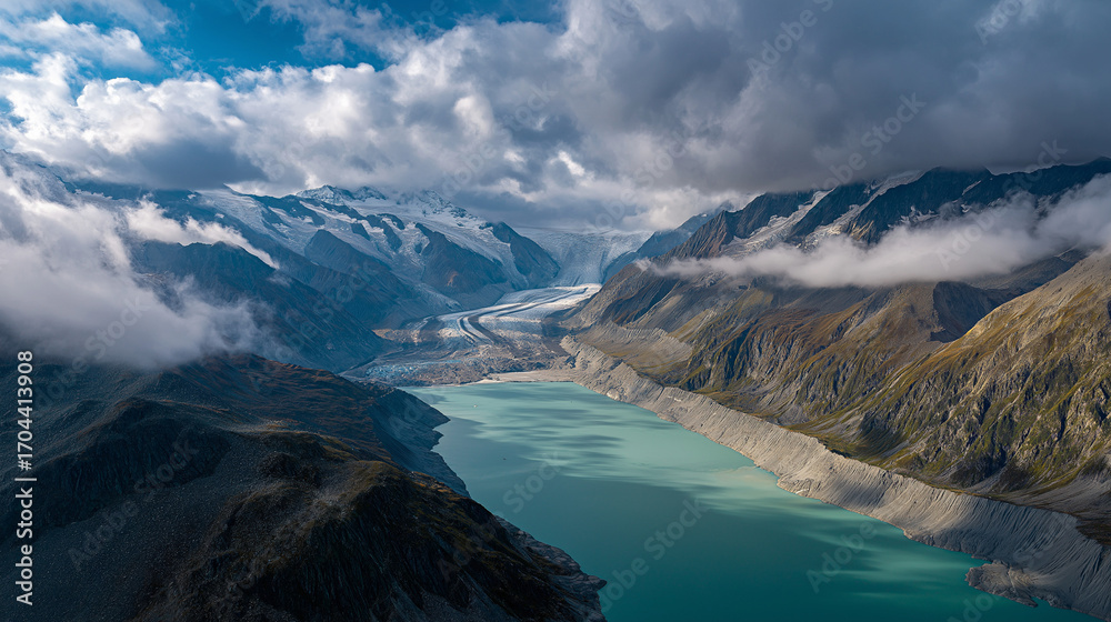 Fototapeta premium Remote mountain landscape with glacier lake, turquoise water, dramatic clouds overhead, wide aerial view, crisp rugged terrain