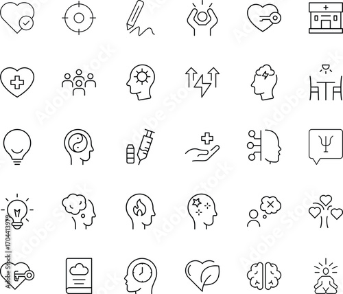 Mental health and wellness icon set in linear style. Trendy minimal icons. Editable stroke. Medical therapy psychology hospital clinic recovery consultation meditation mindfulness brain