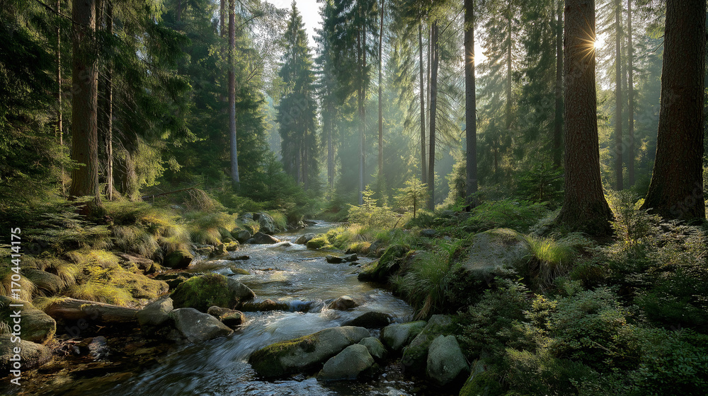 Fototapeta premium A serene forest stream in early morning mist, sunbeams piercing through tall pine trees, vibrant greens and soft light, highly detailed nature macro elements
