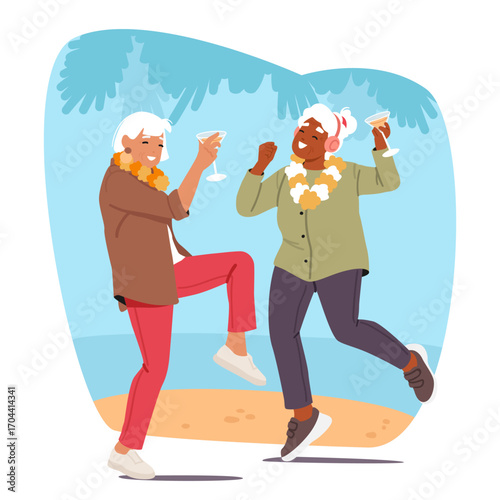 Happy excited elderly women friends having fun dancing while partying at tropical seaside scene