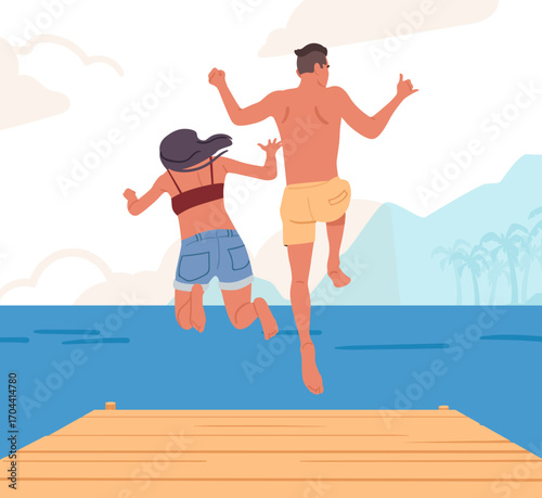 Happy carefree young man and woman tourists jumping into water back view in dynamic motion pose