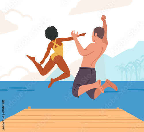 Multiethnic man and woman tourists in swimwear jumping to water from wooden beach pier scene