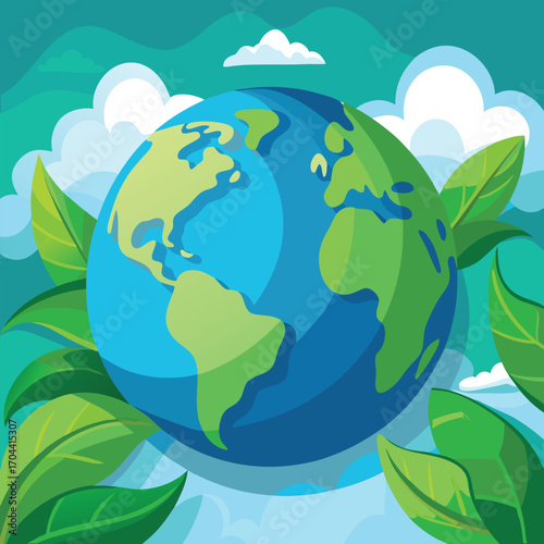 Earth surrounded by green leaves and clouds planet