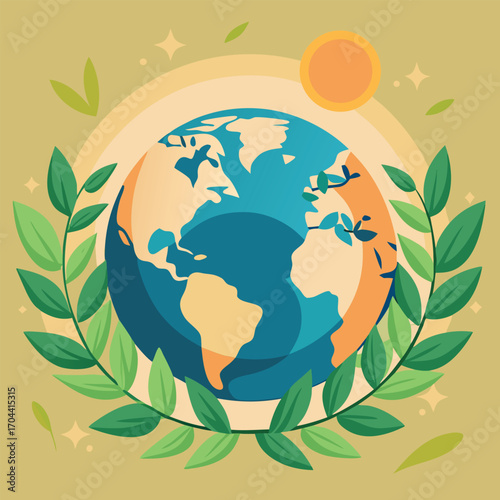 Earth surrounded by green leaves and sun globe planet