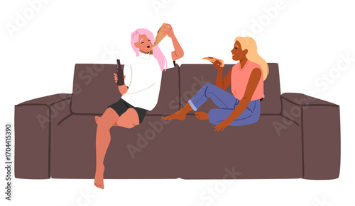 Two girl friends eating pizza talking, gossiping, sharing secrets while sitting on home sofa couch