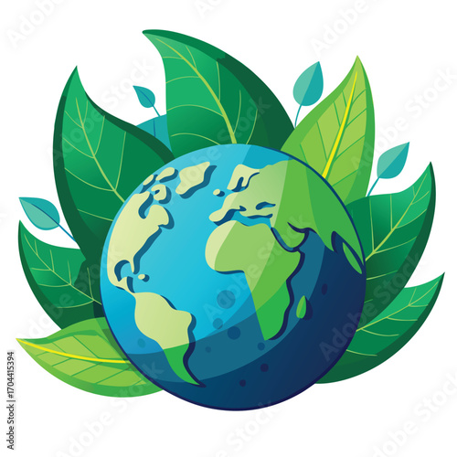 Earth surrounded by vibrant green leaves on white background