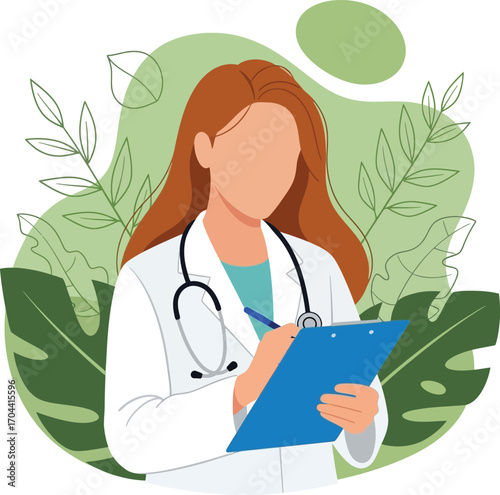 Vector art of female doctor writing on clipboard with stethoscope and plants