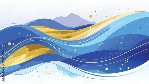 Abstract blue and gold watercolor backdrop adorned with shimmering gold lines for a sophisticated look..eps