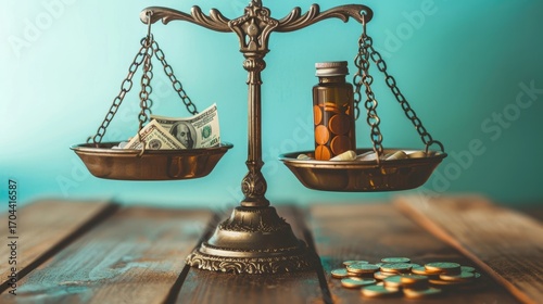scales on a wooden table, pills on one bowl, money on the other, the concept of high drug prices, blue background