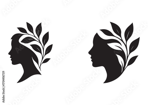 Beautiful women head and leaves logo design vector, beauty woman hair leaf logo, women beauty logo and vector silhouette, Black silhouette of a womans profile with leaves on white background.