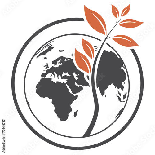 Earth icon with orange leaves on a white background