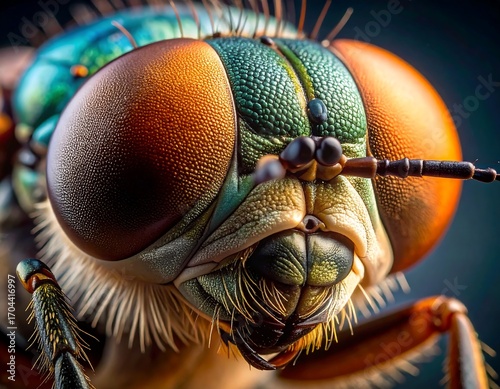 Close-up macro of a colorful fly's head