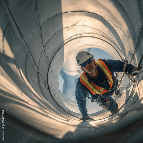 Engineer in safety vest inspecting a towering wind turbine from below - dramatic upward view conveying renewable energy maintenance