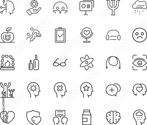 Outline vector icons pack designed for psychology sessions, mental wellbeing, healthcare support, emotional growth, communication therapy, stress recovery, mindfulness practice, counseling
