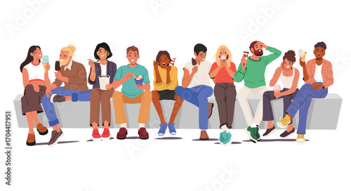 Happy joyful friends enjoying eating sweet frozen ice-creams while sitting on sofa couch together