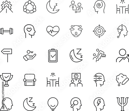 Outline vector icons pack featuring psychology therapy, stress management, lifestyle wellness, sleep cycle, teamwork collaboration, mindfulness, goal setting, human growth, medical support