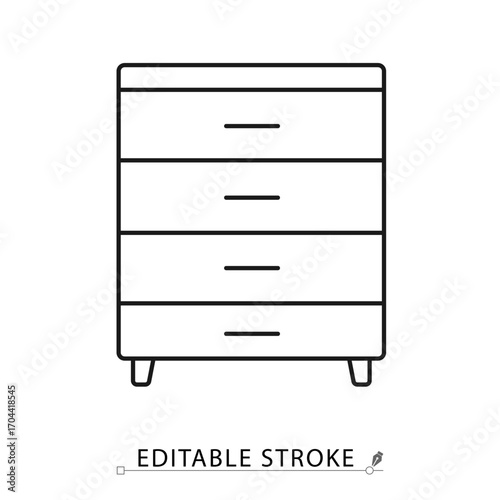 Chest of drawers icon in minimalist outline style with editable stroke. Bedroom storage furniture, household object, interior decor element, wooden dresser, traditional furniture symbol.