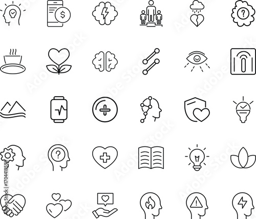 Professional outline icon pack featuring psychology counseling, mental health care, emotional recovery, medical treatment, mindfulness balance, lifestyle wellness, innovation