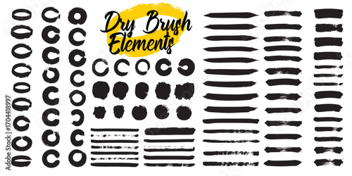 Collection of black dry brush stroke elements including circles, lines, and dots on a white background with yellow accent.