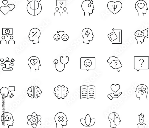 Psychology and mental health icon set in linear style. Editable stroke minimal icons. Wellness therapy counseling hospital clinic support recovery meditation mindfulness psychiatry brain thinking.