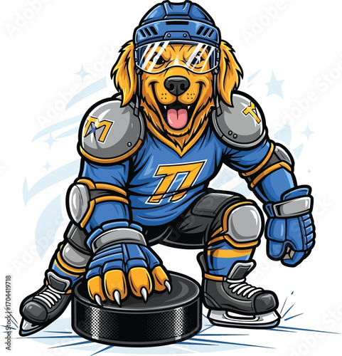Vector art of dog dressed as hockey player with hockey stick and puck
