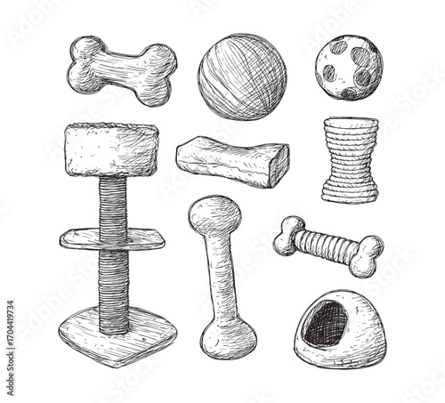 Hand-drawn vector illustration of pet toys like balls, bones, scratching post, clean minimal lines