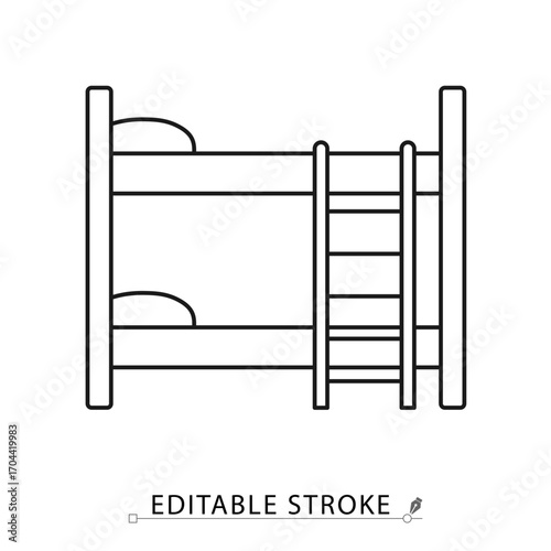 Bunk bed icon in minimalist outline style with editable stroke. Kids furniture, bedroom interior, double level bed, sleeping place, modern household element, isolated contour symbol.