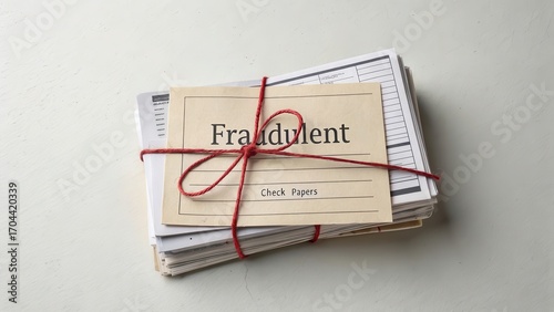 Stack of Papers with Fraudulent Label and Red String Tie