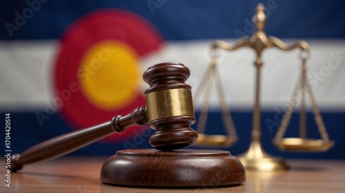 Gavel and scales of justice on Colorado flag background