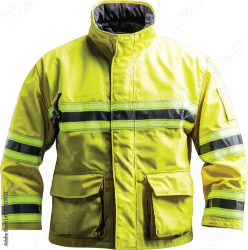 Bright Yellow Firefighter Jacket with Black and Reflective Stripes on White Background fire uniform