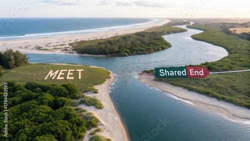Scenic Coastal Landscape with River and Signage in Nature