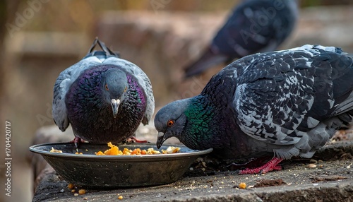 Fototapeta Naklejka Na Ścianę i Meble -  Two pigeons eating from a dish