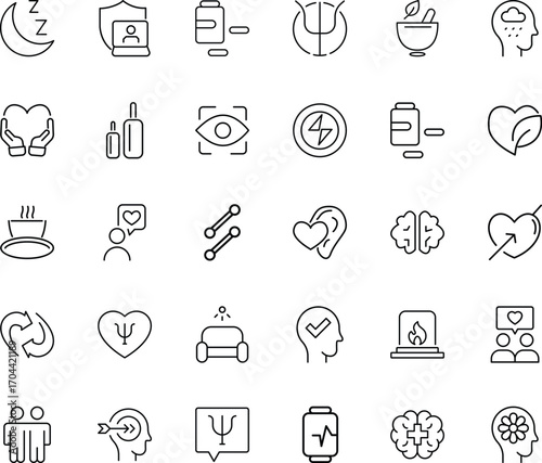 Vector outline icons set designed for healthcare wellness, psychology therapy, emotional balance, stress management, lifestyle nutrition, meditation practice, medical treatment, resilience