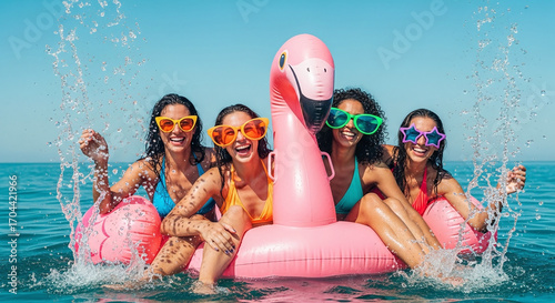 Laughing carefree young women splash in ocean with pink flamingo float wearing trendy sunglasses having fun during summer vacation