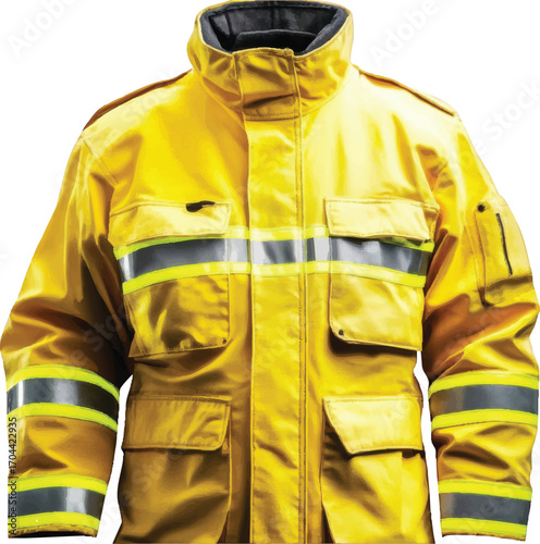 Yellow Firefighter Jacket with Multiple Pockets and Reflective Stripes on White Background