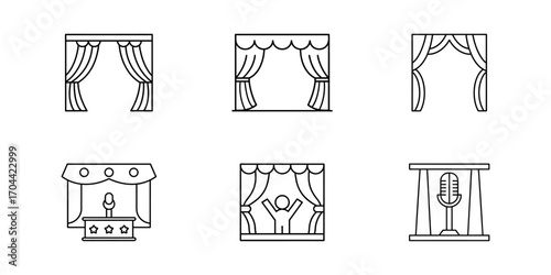Outline vector icons of theatre stages with curtains, podium with microphone, puppet stage and performance silhouettes, minimal line design for entertainment projects.