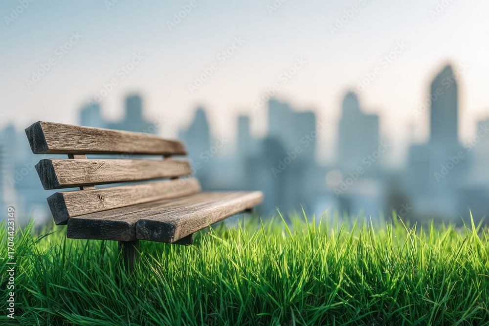 Fototapeta premium A wooden bench in a park, facing a cityscape, offering a tranquil place for relaxation and contemplation amidst the urban environment, green grass in foreground.
