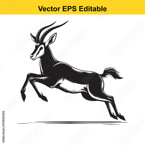 Vector art of black and white illustration of a gazelle jumping