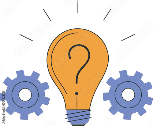 Bright idea light bulb with question mark and gears symbolizing innovation and problem solving