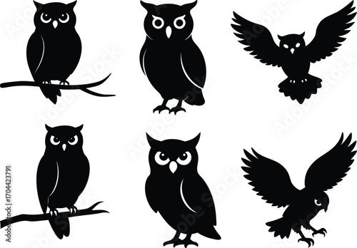 Owl Silhouettes – Nocturnal Bird Wildlife Vector