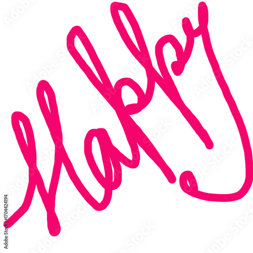 The word happy is written in pink on an isolated on white background