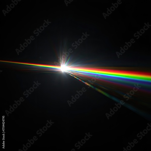 A bright light source emits a beam dispersing into a vibrant rainbow spectrum across a pitch-black background.  The light's intensity diminishes gradually as it extends outward