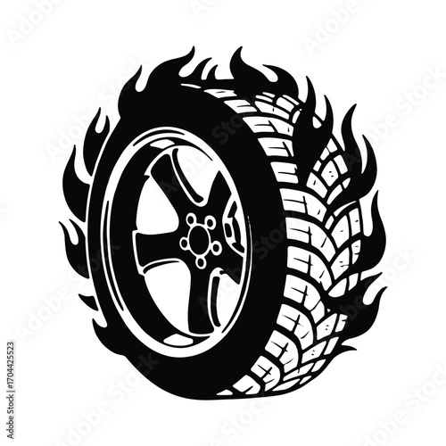 Car tire with flames silhouette, speed racing fire wheel vector design