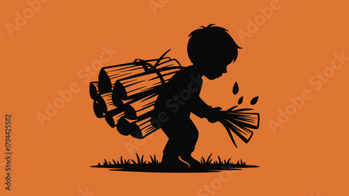 Boy carrying heavy wood bundle graphic art against orange backdrop represents toil and responsibility