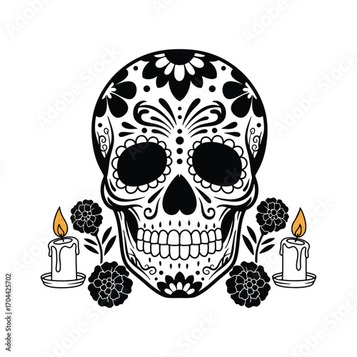 Carno skull with floral decorations, sugar skull day of the dead vector illustration